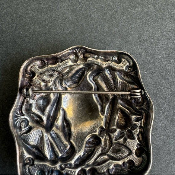 Art Nouveau Silver Brooch Ornate Square Pin Vintage Antique Estate Jewelry - Picture 7 of 11